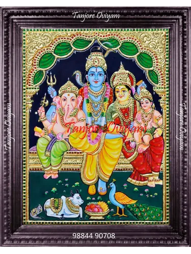 Lord Shiva Family Painting with Shiva, Parvati, Ganesha, and Murugan in Tanjore Art